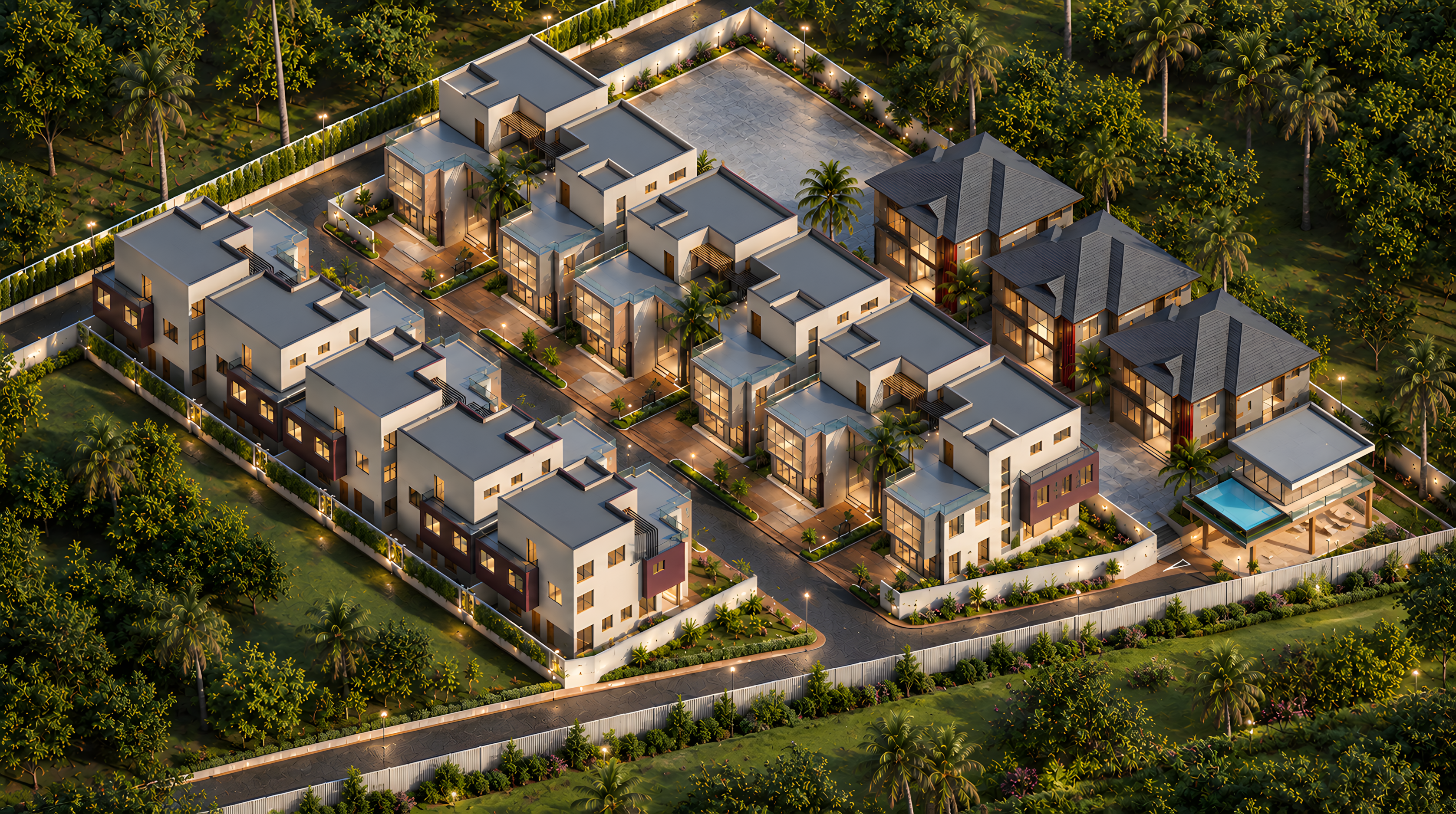 Aerial rendering of the complete Apex Villas development